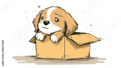 Playful Cute Puppy with Cardboard Box - Vector Illustration