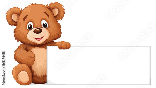 Adorable Bear with Blank Sign on White Background Vector Illustration