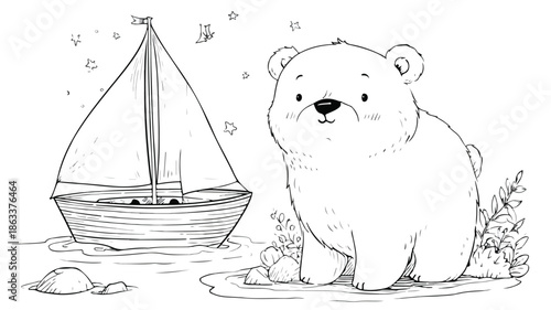 Adorable Bear with Ship Vector Illustration on White Background