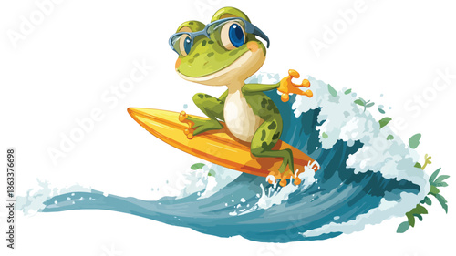 Adorable Frog Cartoon Surfing on White Background Vector Illustration