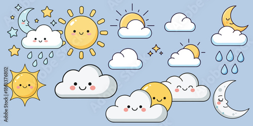 Cloud and Celestial Elements in a Cute Style: An array of adorable celestial elements and cloud icons, each designed with a charming and cute personality, creates a playful, cheerful.