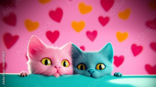 Two adorable kittens peeking, with small hearts in the background