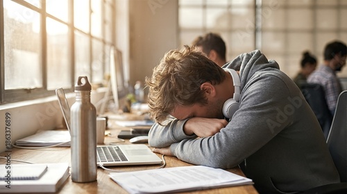 Exhausted student sleeping on laptop at desk in a modern office.