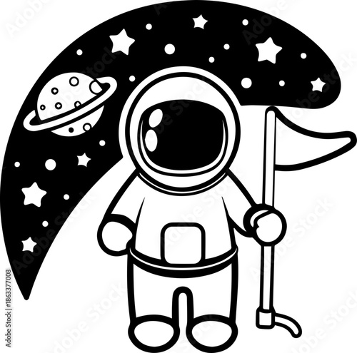SVG vector illustration of an astronaut silhouette.Astronaut in Space Near a Stylized Planet