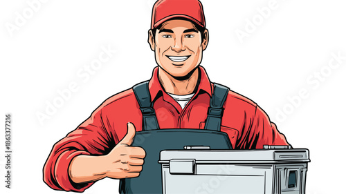Young Repairman with Toolbox Giving Thumbs Up Vector Image