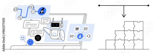 Artificial Intelligence concept. Artificial Intelligence elements thumbs up chatbot, user interaction, and task automation linked with data organization. Artificial Intelligence enables streamlined
