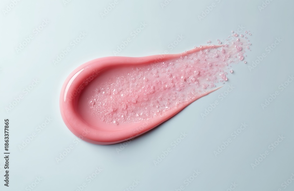 Fototapeta premium Pink cosmetic lip scrub with visible sugar crystals smeared on soft gray surface. Product texture shows glossy gel and fine particles for gentle exfoliation and shine.