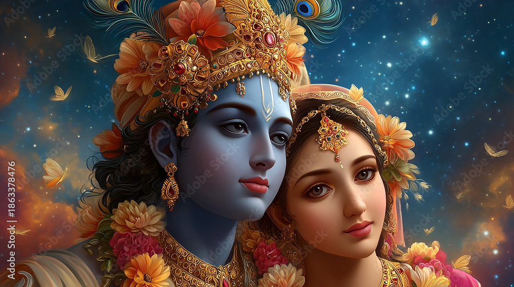 Fototapeta premium Starry‑night reverie – Radha resting on Krishna’s shoulder, celestial love beneath glittering cosmos