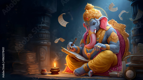 Lord Ganesha composing epic scripture – elephant‑headed god writing Mahabharata on palm‑leaf manuscript by flickering oil lamp in ancient library