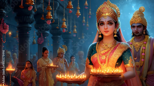 Temple aarti procession – graceful Indian princess bearing glowing diya thali through incense‑filled hall of hanging brass lamps