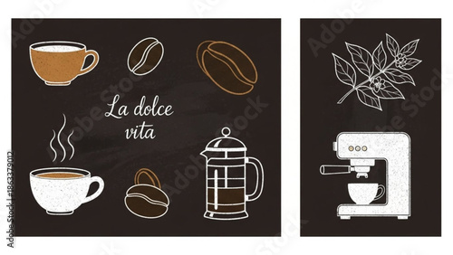 Hand Drawn Coffee Chalk Vector Illustrations – Minimalist Crayon Line Art for Menus, Invitations, and Social Media