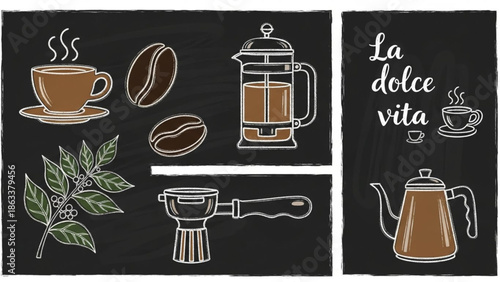 Hand Drawn Coffee Chalk Vector Illustrations – Minimalist Crayon Line Art for Menus, Invitations, and Social Media