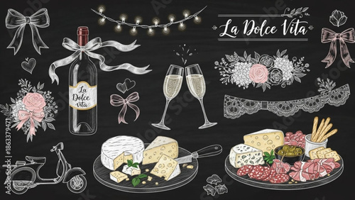 Hand Drawn Chalk Wedding Dinner Illustrations – Coquette La Dolce Vita Style for Invitations and Menus