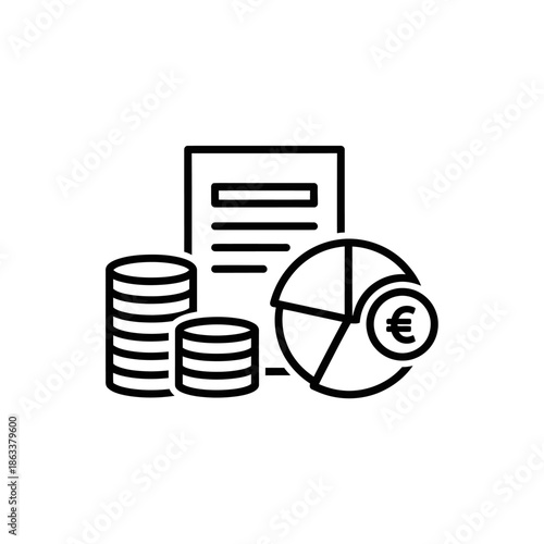 Financial Analysis Icon with Coins Pie Chart and Document Illustration