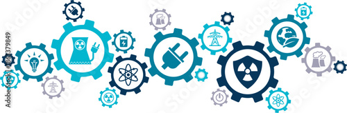 Nuclear energy vector illustration. Blue concept with icons related to nuclear power station, safe electricity generation from radioactivity, industrial power plant.