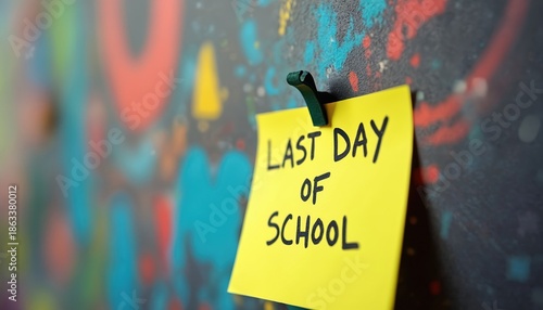Yellow sticky note reads Last day of school against graffiti wall. Final school day memo signifies end of term, start of summer break and academic year completion.