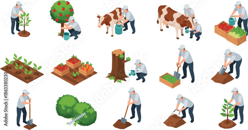 Isometric Vector Set of People Farming and Gardening with Activities like Planting Trees, Milking Cows, Harvesting Vegetables, and Landscaping for Agriculture Industry Design