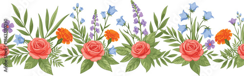 Seamless Floral Border Vector Illustration Featuring Red Roses, Bluebells, and Lavender with Green Foliage for Wedding Invitations, Greeting Cards, and Elegant Stationery Designs