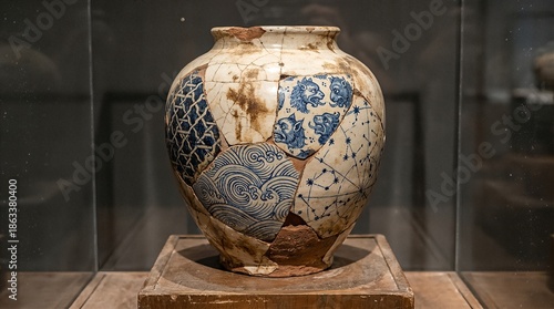Ancient Japanese Kintsugi Pottery Jar with Intricate Patterns and Gold Repairs.