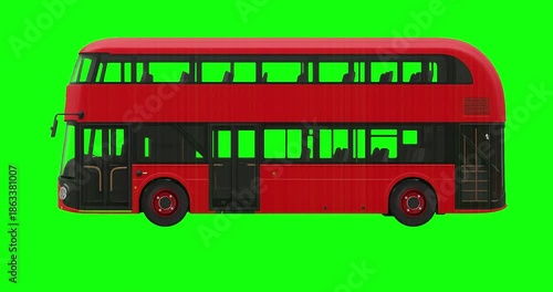 Red double decker bus on green screen suitable for compositing in film or advertisement scenes needing urban transportation elements. Ideal for travel or city projects.
