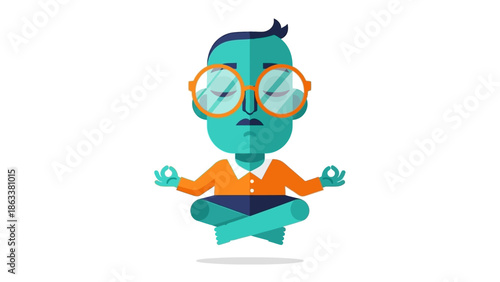 Meditating character illustration with glasses and orange shirt in lotus position