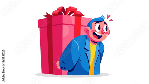Man in blue jacket excitedly hugging a large gift box with a red bow, celebrating a joyful surprise
