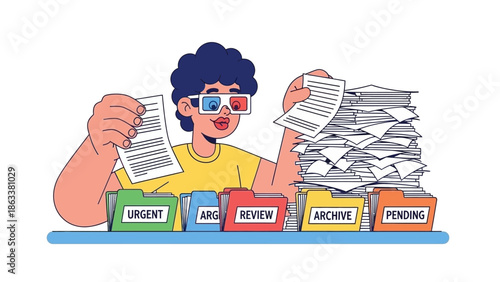 A cartoon person wearing virtual reality glasses reviews documents amidst a pile of papers and categorized files
