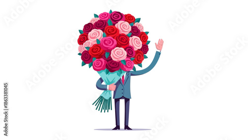 Man holding large bouquet of flowers greeting with one hand