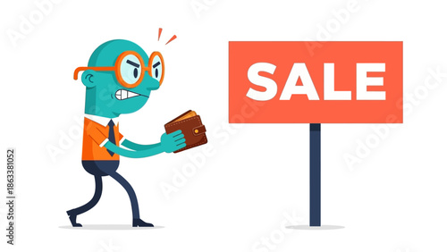 A cartoon character excitedly holding money next to a sale sign