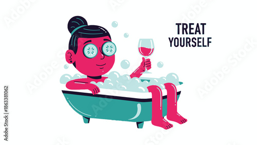Woman relaxing in a bathtub with a glass of wine, enjoying a spa day at home, serene illustration, Whisk, self-care, Wellness