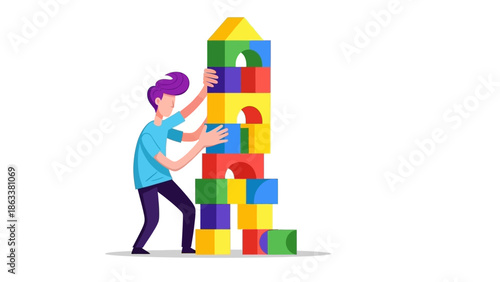 Man building a colorful tower with blocks in a plain background