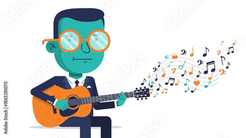 Man playing guitar with musical notes emanating from the instrument