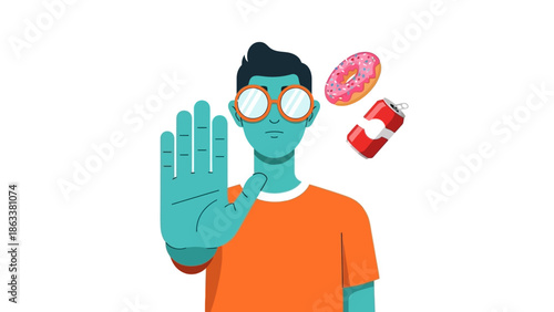 A man with glasses and orange shirt gesturing stop near floating food items