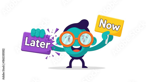 A cartoon character holding Later and Now signs with clock faces, symbolizing time decision