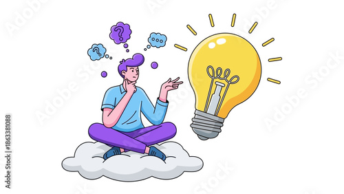 Man meditating on a cloud with a lightbulb and thought bubbles representing creative ideas and inspiration