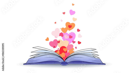 An open book with colorful hearts and shapes emerging from its pages, symbolizing love, creativity, and imagination in a vibrant display.