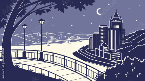 Pittsburgh skyline lights shimmer, riverside views, showcasing cityscape night. Suitable for travel brochures, city guides, or business presentations.