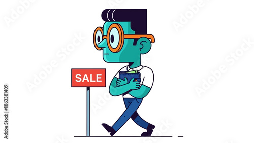 Man walking past a sale sign with a thoughtful expression