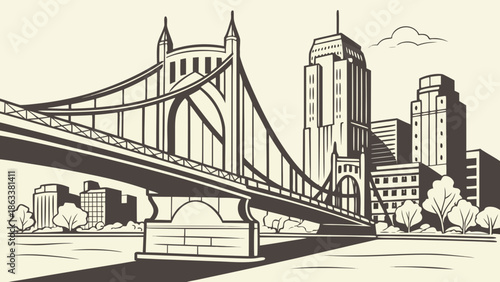 Stunning rendering of portland bridge resembling pittsburgh skyline over water with urban trees and buildings. Suitable for travel websites and city landscapes.