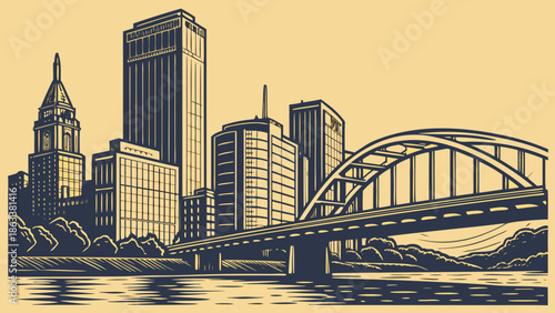 Pittsburgh skyline, featuring buildings, bridge, water, captures iconic cityscape, suitable for travel websites, brochures, postcards, citythemed designs, and social media.
