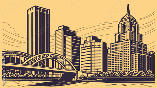 Pittsburgh skyline showcases a stunning cityscape with a graceful bridge amid skyscrapers, perfect for travel brochures, urban websites, or postcards.