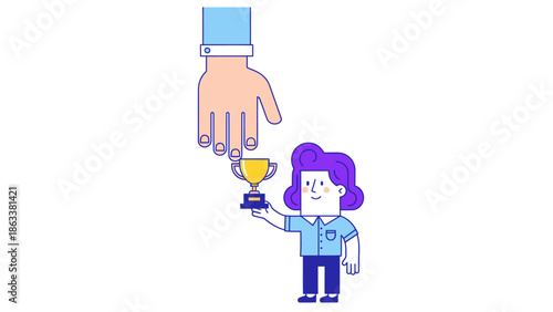 A hand giving a gold trophy to a person with purple hair in a celebratory gesture