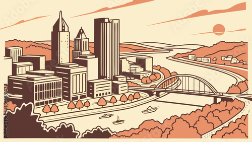 Pittsburgh skyline vintage illustration is perfect for promotions, travel guides, postcards, and citythemed designs showcasing its iconic landmarks.