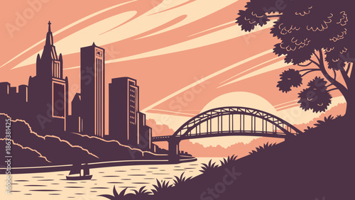Pittsburgh skyline at sunset, highlighting a bridge and stylized cityscape. Suitable for travel blogs, city guides, and promotional materials.