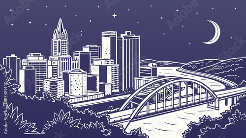 Pittsburgh skyline at night, featuring bright moon over cityscape and bridge. Ideal for cityscape prints, travel blogs, or websites.