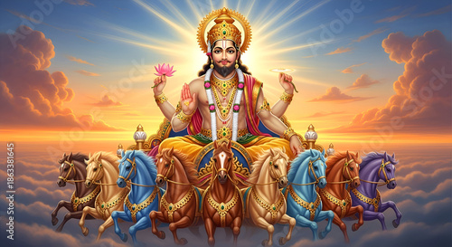 Radiant Sun God Surya guiding seven‑horse golden chariot across dawn sky, rays of light blessing the world below