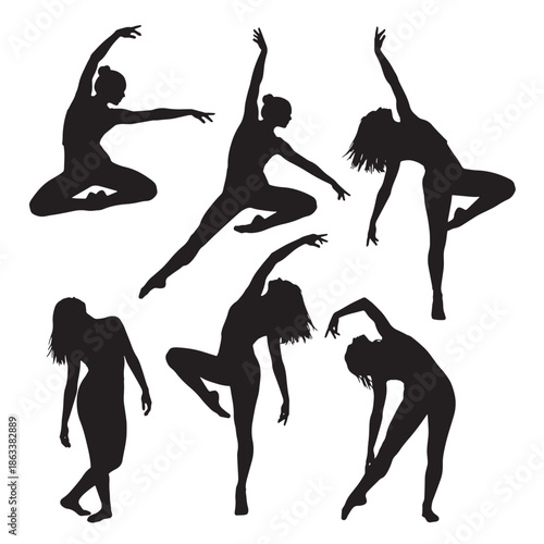 Dynamic Woman Silhouettes: Versatile Female Fitness and Modern Dance Positions in Black Vector Art for Design Projects