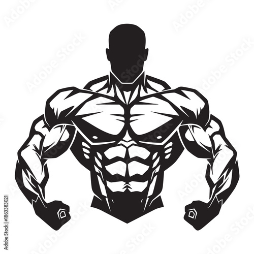 Bodybuilder Silhouette Muscular Man Flexing Biceps Showing Strong Chest And Abs Training For Fitness Competition Vector Illustration
