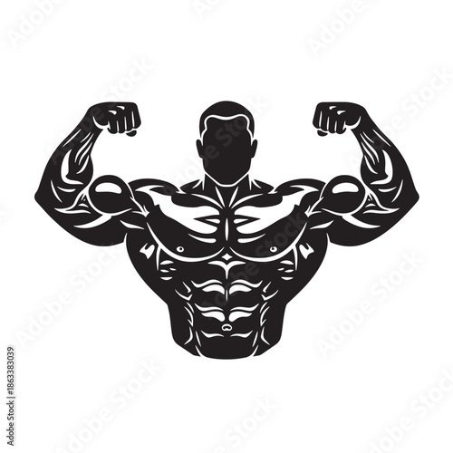 Bodybuilder Silhouette Muscular Man Flexing Biceps Showing Strong Abs Training For Fitness Competition Vector Illustration
