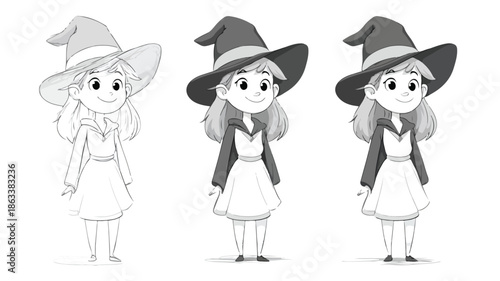 Adorable Witch Costume Vector Illustration of Young Girl with Outline Isolated